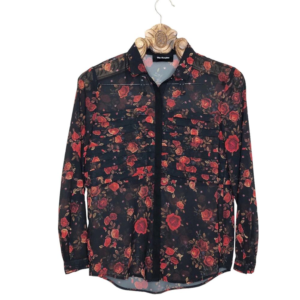Kooples Romantic Rose Muslin Blouse Black Red Sheer Button Down xs - Picture 9 of 10